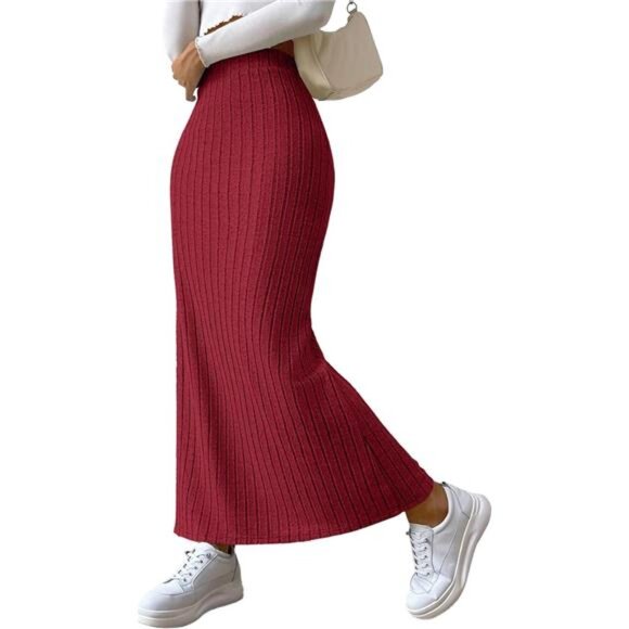 Women's Side Slit Ribbed Knit Bodycon Long Skirts Wine Red - Picture 1 of 5